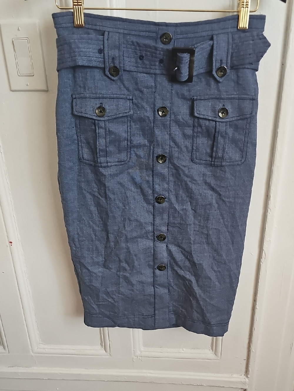 New York & Company Chambray Blue Button-Front Pencil Skirt with Belt